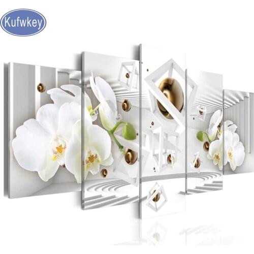 Diy diamond painting 5 Pieces"white orchid"5d mosaic rhinestones painting round/square diamond embroidey for New home decor