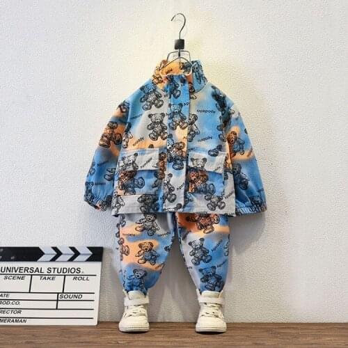 Spring autumn kids clothes boys kids outfits baby jackets +pants 2 pcs set denim jacket denim pants fashion Camouflage bear