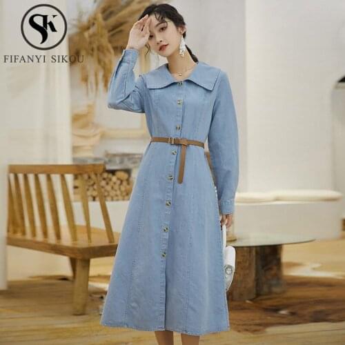 Denim Shirt Dress Women Fashion Lapel Single Breasted Long Dress Female Casual Long sleeve Dress Spring Autumn Dresses With Belt