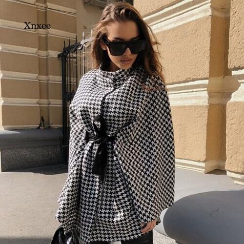 Elegant Pullover Cloak Women Long Sleeve Fashion Houndstooth Cape Coat Sashes High Street Casual Oversize Autumn Winter Tops