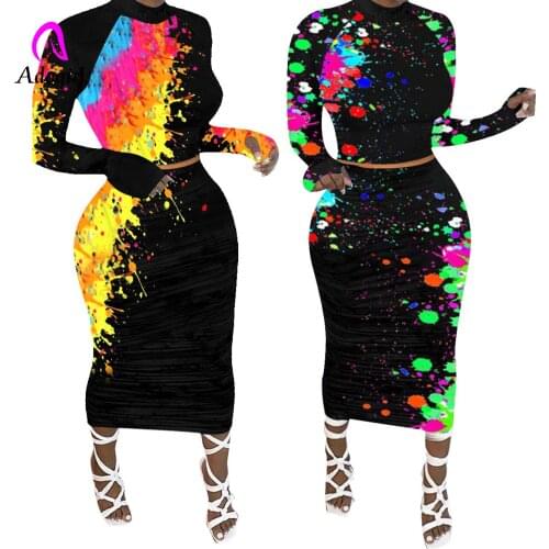 Galaxy Painting Print Skirts Suit Long Sleeve Crop Top Bodycon Midi Maxi Skirts Suit Women Set Sexy Club Party Pencil Long Dress