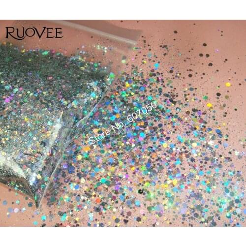 Solvent Resistant Holographic Laser Silver Glitter Mix Hexagon Powder Shape for DIY Nail Polish Makeup Gel Acrylic Craft Art