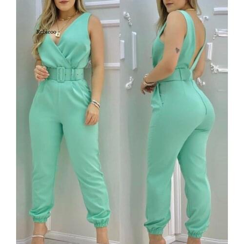 Women Solid V-Neck Sleeveless Jumpsuits Office Casual Female Jumpsuit Spring Summer Fashion Mid Waist Pants Without Belt