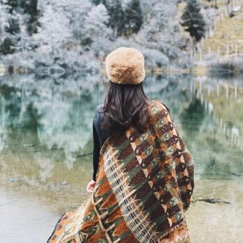 Cilected Retro Ethnic Style Tassel Square Blanket Children Nap Blanket Home Sofa Simple Blanket Winter Warm Scarf Cloak 127X180