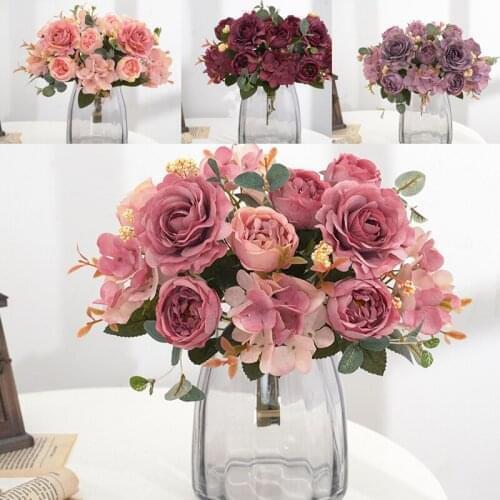 Beautiful Hydrangea Roses Artificial Flowers for Home Wedding Decorations High Quality Autumn Bouquet Mousse Peony Fake Flower