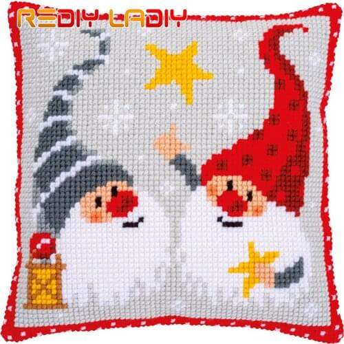 Cross Stitch Cushion Cover Two Christmas Gnomes Pillow Case Pre-Printed Canvas Acrylic Thick Yarn Cross-stitch Needlepoint Kit