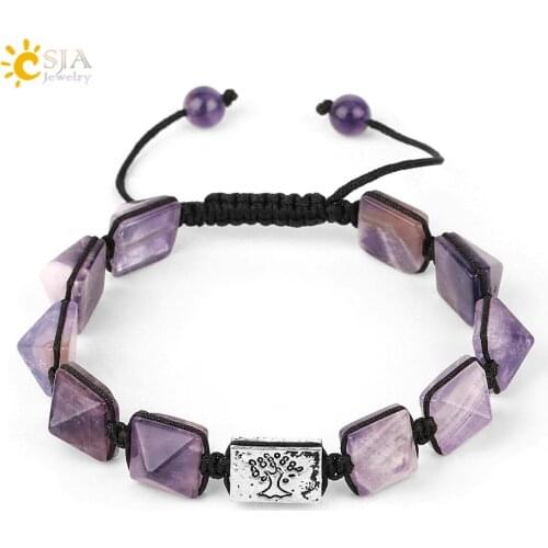 CSJA Square Pyramid Natural Stone Charm Bracelets Rope Braided String Tree of Life Crystsl Bangles for Female Men Pulseras G206