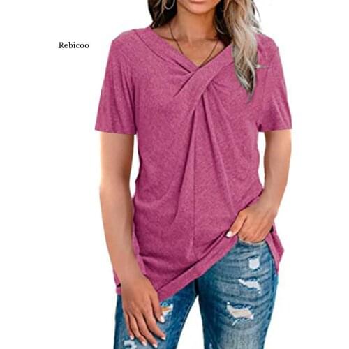 Summer T-Shirts Women Cross V-Neck Casual Solid Short Sleeve T-Shirt Ladies New Stylish Black Tee Shirts Large Size Tops