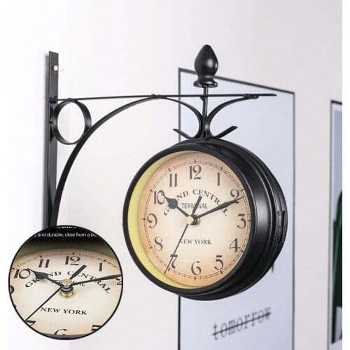 Outdoor Wall Clock Hanging Retro Double Sided Battery Powered Metal Mount Vintage Garden Coffee Bar Decoration Round Station