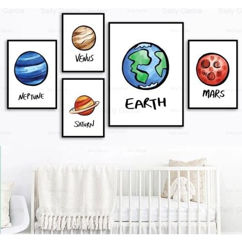 Cartoon Space Planet Poster Earth Mars Jupiter Canvas Painting Wallpaper Nordic Style Art Print Picture Decoration Kids Room