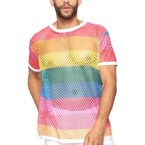 Mens Short Sleeve Fishnet Mesh See Through T-shirt Stretch Gothic Punk 2021 O-Neck