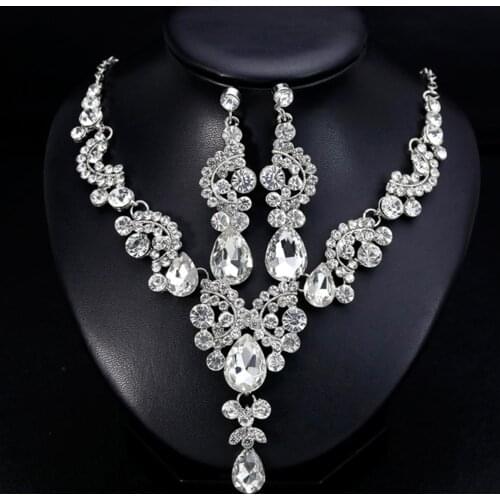 Fashion Jewelry Sets Wedding Faux Crystal Rhinestone Decor Necklace Earrings Jewelry Set Gift For Women Exquisite Accessory
