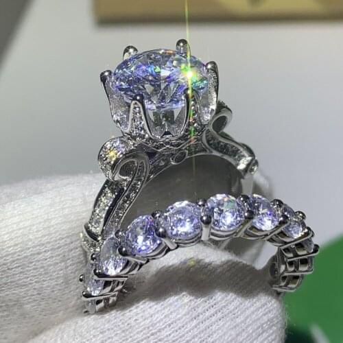Size 5-10 Wholesale Professional Luxury Jewelry 925 Sterling Silver Round Cut AAAAA Cubic Zirconia Women Wedding Crown Ring Set