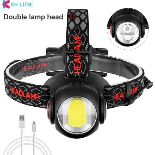 Dual Switch Headlight 360 Rotatable Head Ball Headlamp 7 Modes COB T6 LED Head Lamp USB Charging 18650 Flashlight Torch Lantern