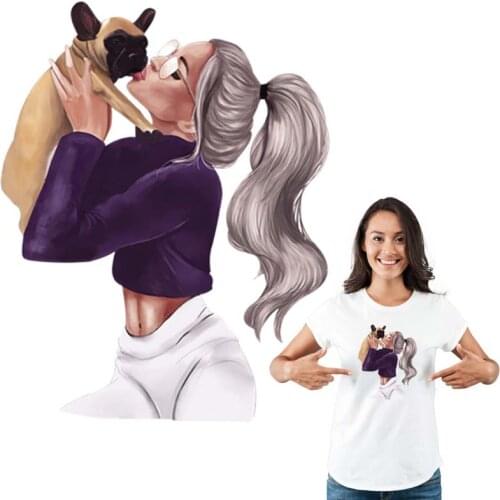 Girl With Pet Patches Printing Transfer Eco-Friendly Stripe Washable Clothing Stickers Diy T-Shirt Stickers On Motorcycle