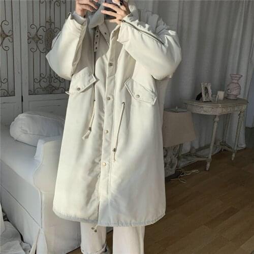 Chic Mens Lambswool Lining Warm Long Coat Turn-down Collar Loose Parkas Outwear Black Gray Apricot N20