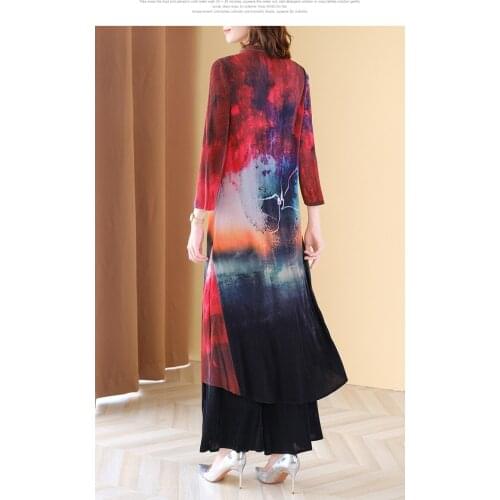 HOT SELLING Miyake fold Retro print long sleeve stand collar Buttons dress + Wide leg pants print suit IN STOCK