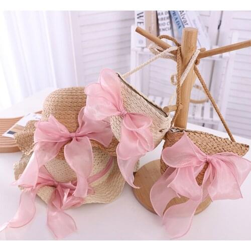 Cute Girls Straw hat +Should bag Handbag 2pcs sets For Tour Summer Kid Princess Bow Beach Hats Outdoor UV Protection Sun Hat