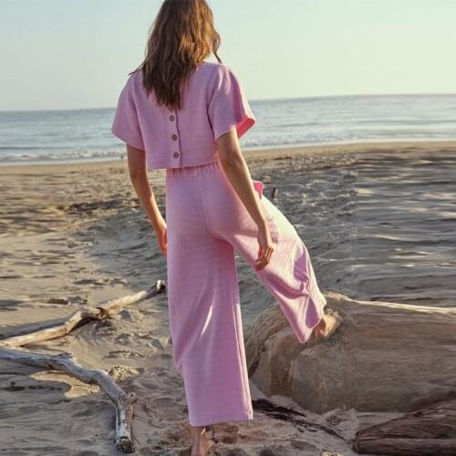 Back Single Breasted Womens T-shirts Suits Summer Wide Leg Pants Women Sets 2021 Fashion Casual Short Tops Ladies 2 Pieces Set