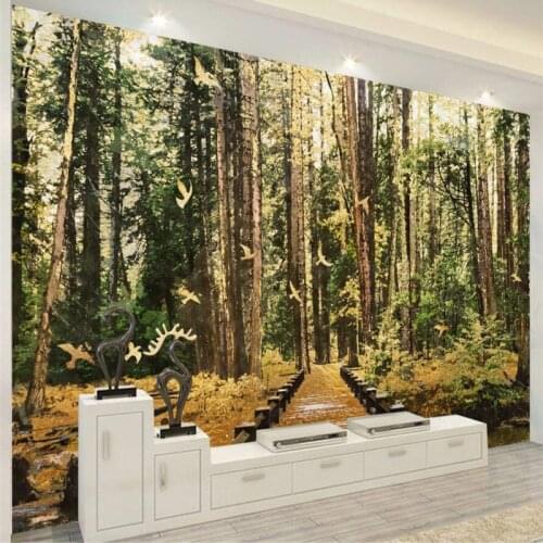 Wellyu Nordic Dream Forest Wooden Bridge Golden Home TV Wall Custom Large Mural Green Wallpaper papel de parede para quarto