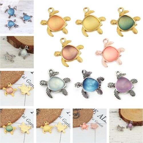 Jewelry Handmade Pendant Zinc Based Alloy Silver Color Sea Turtle Blue Sea Glass Charms Accessories Necklace DIY Findings, 5 PCs