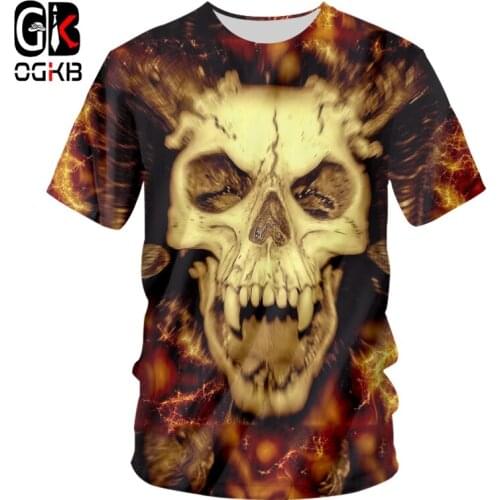 OGKB Summer Women/mens 3d Print Flame Skull T Shirt Unisex Short Sleeve Gothic Round Neck Casual T-shirt Unisex Tee Shirts