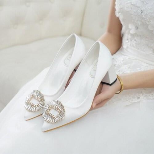 White Shoes Bride Middle Square Heels Chunky Heel Sample Style Satin Wedding Shoes Spring Women Pumps Fat Big Size US 10 Autumn