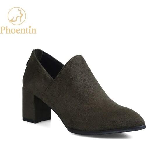Phoentin army green pumps women shoes with zip 2019 spring flock concise ladys heel shoes pointed toe middle heels black FT619