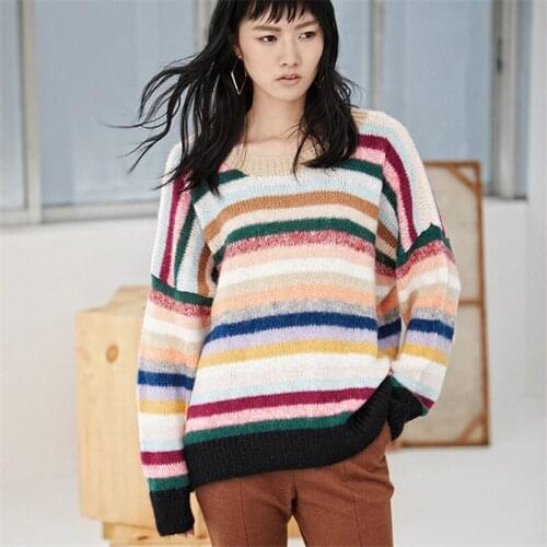 100% hand made wool Oneck thin knit women streetwear loose rainbow striped H-straight short pullover sweater one&over size