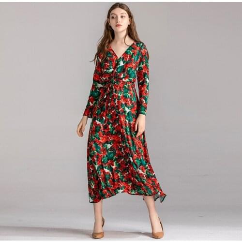 Wholesale Runway Dress Women Fashion Full Sleeve V-Neck Flower Print Red Belt Boho Long Dress Vestidos