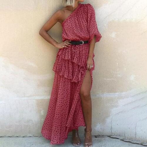 Womens High Waist A-line Dot Lantern Sleeve Long Dresses 2021 One-shoulder Backless Ruffles Female Dress New Streetwear Lady