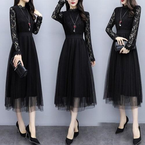 Autumn New Lace Elegant Dress Splicing Mesh Temperament Dress Fashion Club Dress Sukienki Na Wesele Damskie Womens Clothing