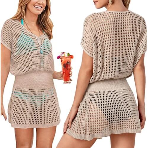 Women’s Summer Bikini Smocks Mini Beach Dress Sexy Solid Color Knitted Hollow Short Sleeve Beach Cover Ups Female Swimsuit