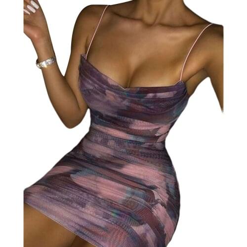 Women Summer Ruched Casual Dress, Adults Tie-up Gradient Sleeveless High Waist Backless Print Boat Neck Cross Spaghetti Strap