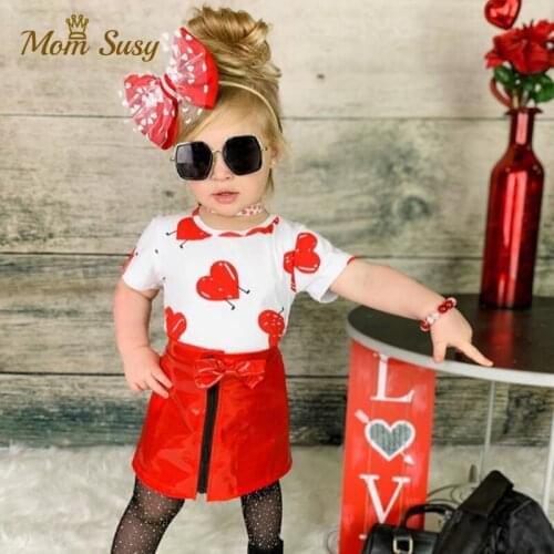 2020 Fashion Girl Dress Suit PU Leather Zip Skirt Short Red Black+Shirt Top 2PCS Infant Toddler Girl Leather Clothes Set Summer