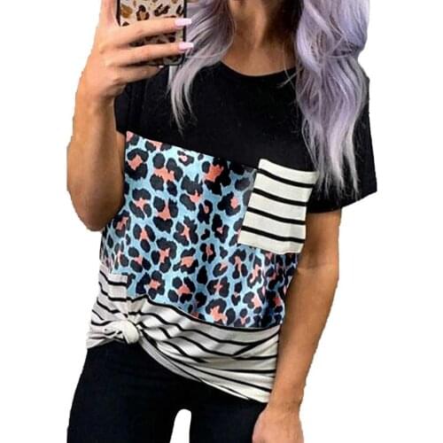 2021 Hot Women T-shirt Leopard Print Short Sleeve Breathable Cotton O Neck Patchwork Female T shirts Tee Women Summer T-shirt