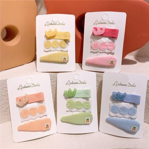 3 Pcs New Sweet Girl Baby Fabric Lattice Cherry BB Clip Korean Fashion Childrens Cute Crown Duckbill Clip Kids Hair Accessories