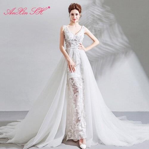 AXJFU luxury princess v neck white lace wedding dress beach flower illusion sleeveless vintage train white wedding dress 2826