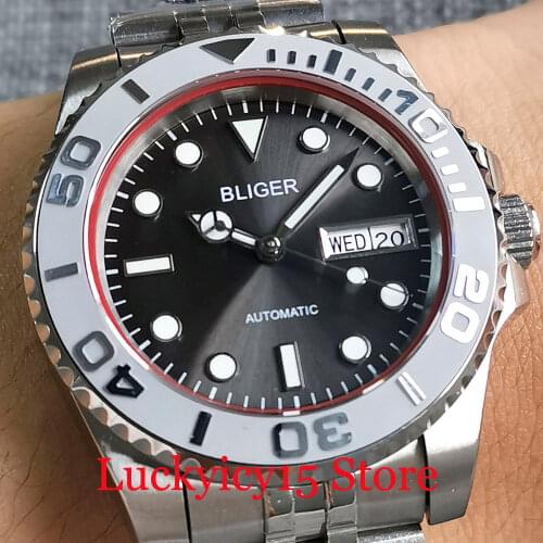 BLIGER Grey NH36A Movement Business 40mm Automatic Men Watch Silver Color Ceramic Insert Weekday Date Jubilee Bracelet