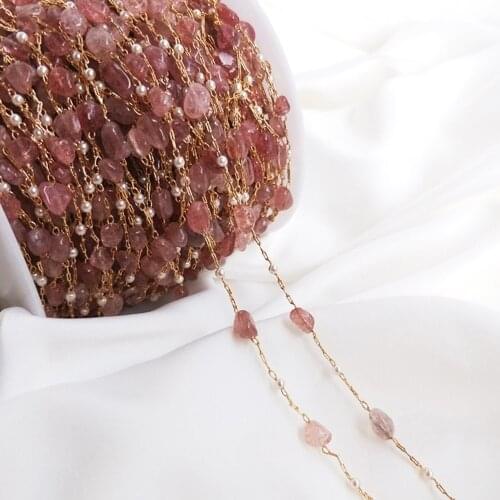50cm Pink Crystal Stone Chain Copper Cable Pearl Bead Link Chain For Necklace Bracelet Jewelry Making Components DIY Accessories