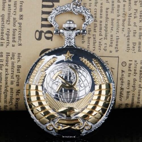 Vintage USSR Soviet Badges Sickle Hammer Pocket Watch Necklace Bronze Pendant Chain Clock Fashion Women Men with Gift