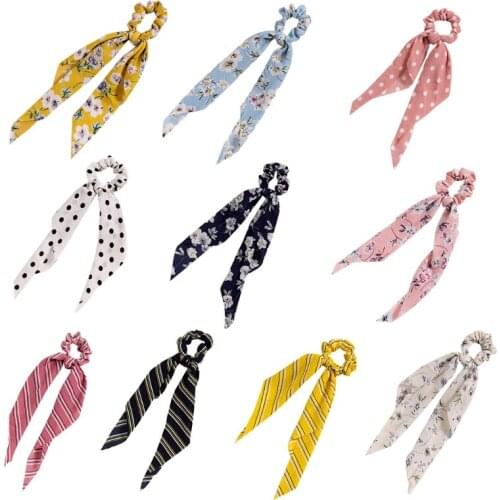 D0LF Fashion Design Ribbon Ponytail Holder Long Ribbon Bow Scrunchies Pattern Elegant Hair Rope Lengthened Bow Accessories