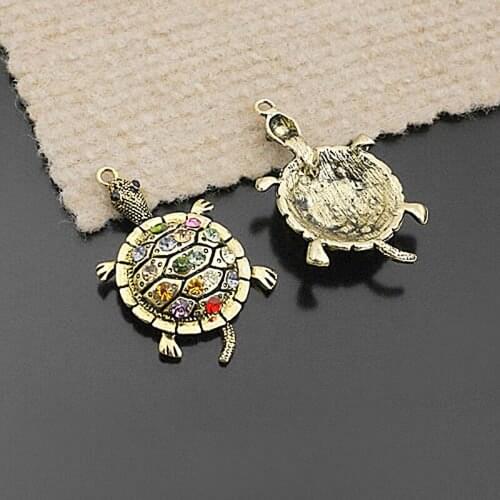 E968)4 pieces 48x28mm Antique Gold Color Zinc Alloy Tortoise with Colorful Rhinestone Pendants Jewelry Findings Accessories