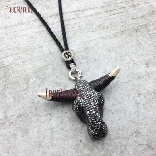 Rhinestone Crystal Micro Pave Beads Charm Pave Ball Silver Plated African Ox Head Pendant Necklace Simple Twisted Rope NM4958