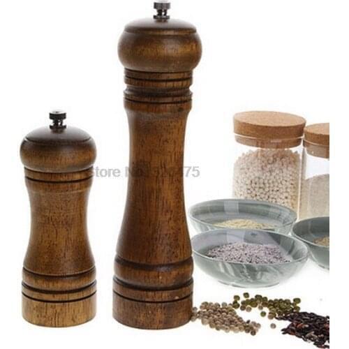 DHL 50pcs Classical Oak Wood Pepper Spice Grinder Set Handheld Seasoning Grinder Cooking BBQ Tools Set