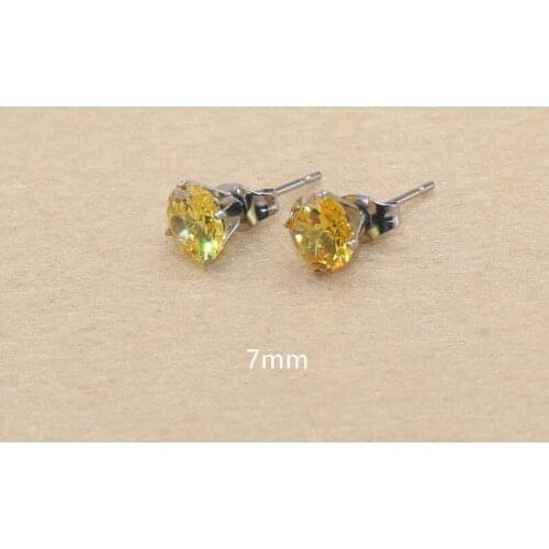7mm AAA Round Colorful Yellow Zircons Stud Earrings With Stianless Steel Needle Brief Jewelry 20 Colors For Choose No Allergy