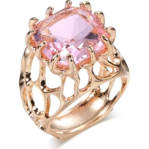 New 585 Gold Pink Zircon Rings for Women Mesh Inlay Large Cube Zircon Women Love Wedding Statement Rings 12 Prawn Crown Jewelry