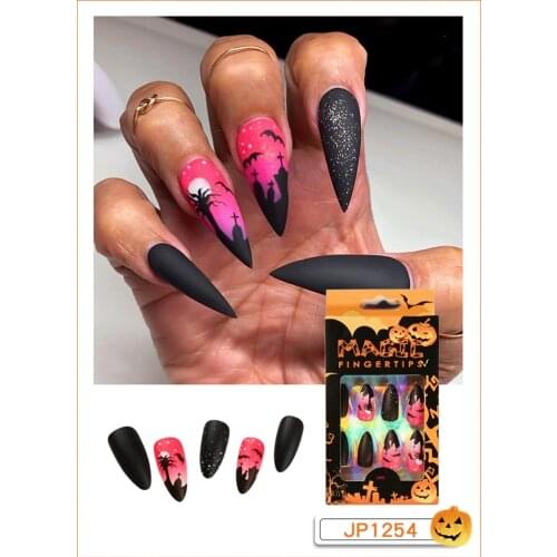 Halloween New Fake Nails With Glue Type Long Paragraph Removable Fashion Manicure Save Time False Nails Press On With Stiletto