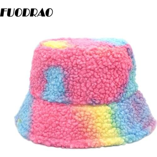 FUODRAO New Winter Tie dye Bucket Hats Women Faux Lamb Wool Thick Warm Outdoor Panama Fisherman Hat Girls Cap M126