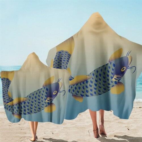 Fishes Pattern Microfiber Beach Poncho Towel Quick Drying Absorbent Bath Cape Blanket Outdoor Sport Windproof Shawl Towels